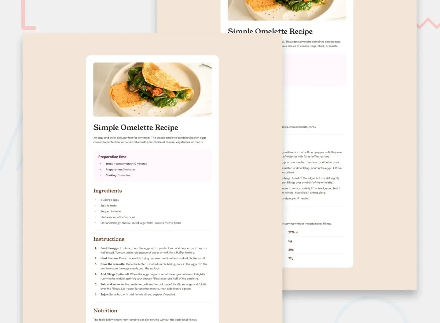 Recipe page for Omelette